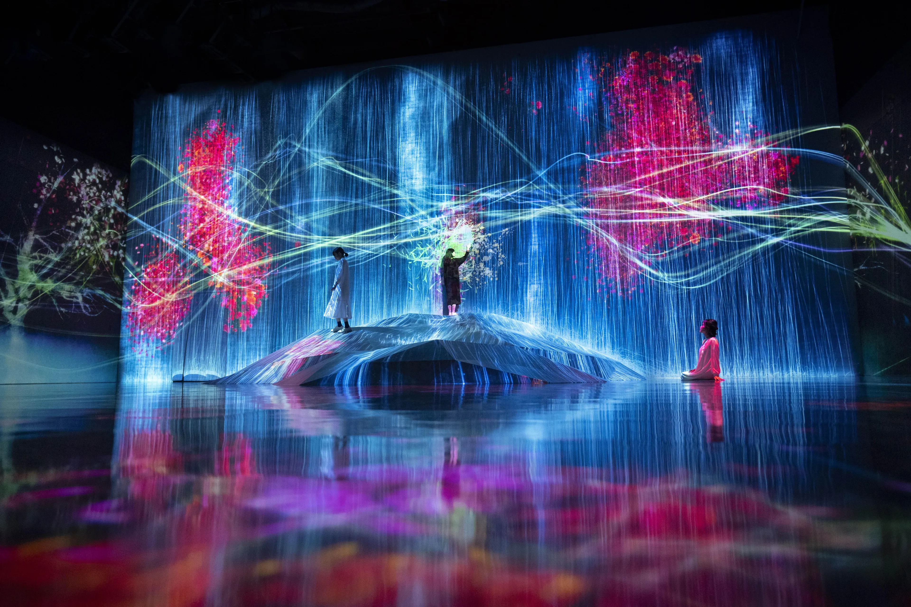 Universe of Water Particles on a Rock where People Gather | teamLab