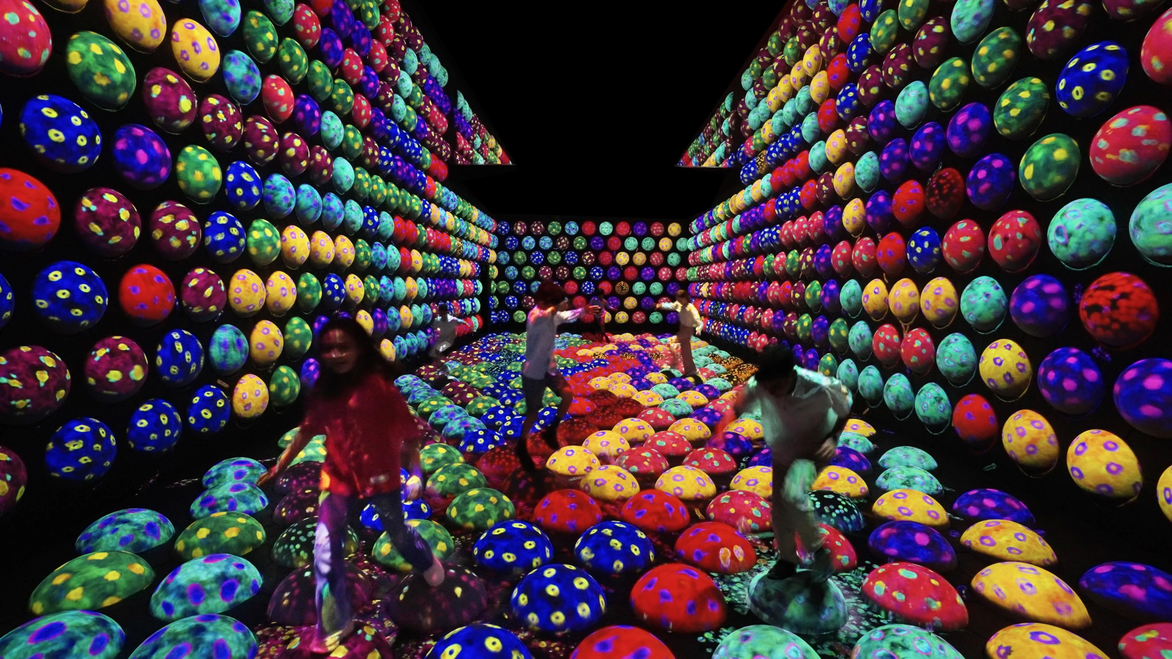 Rapidly Rotating Bouncing Spheres in the Caterpillar House | teamLab