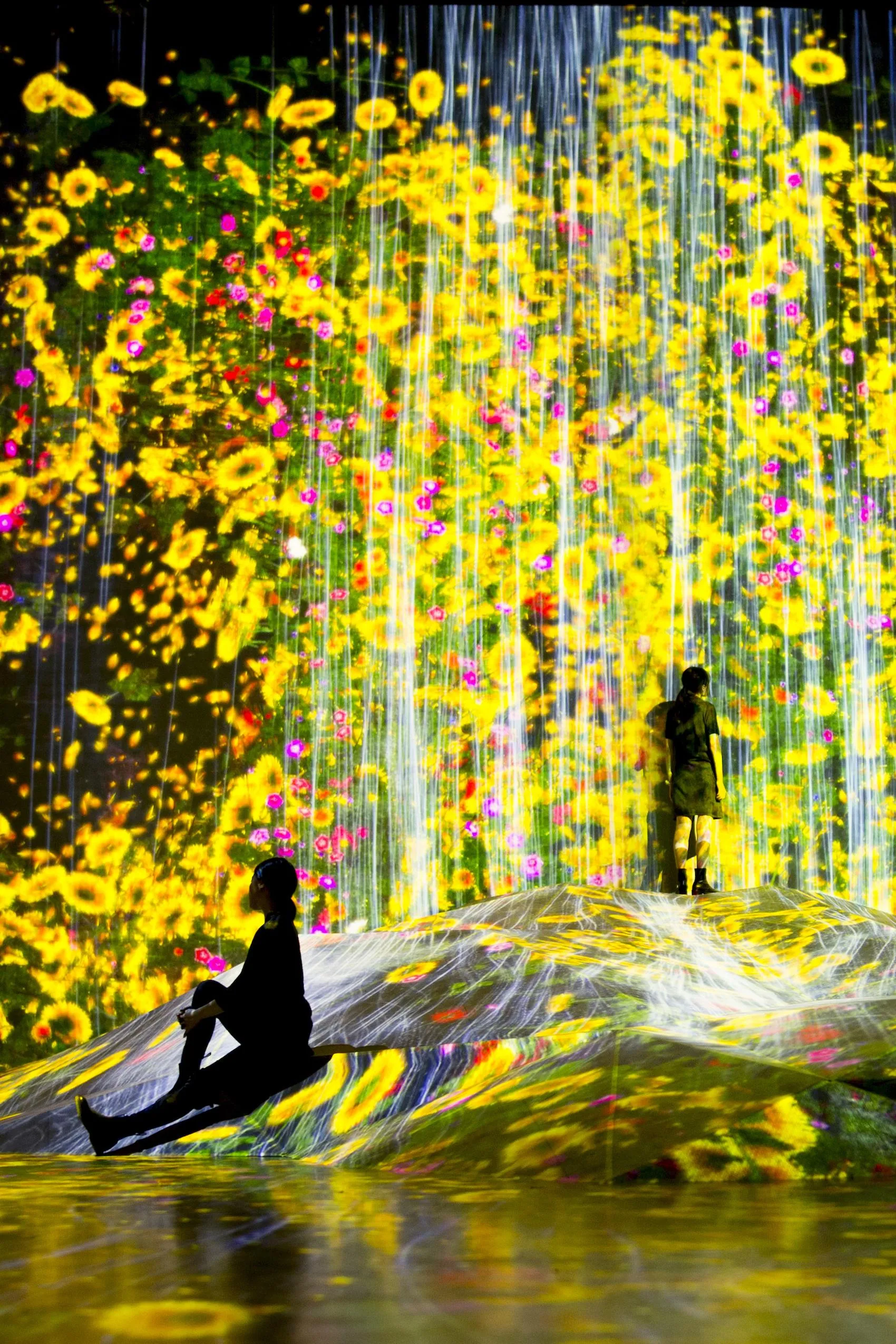 在人们聚集的岩石上，注入水粒子的世界 / Universe of Water Particles on a Rock where People ...